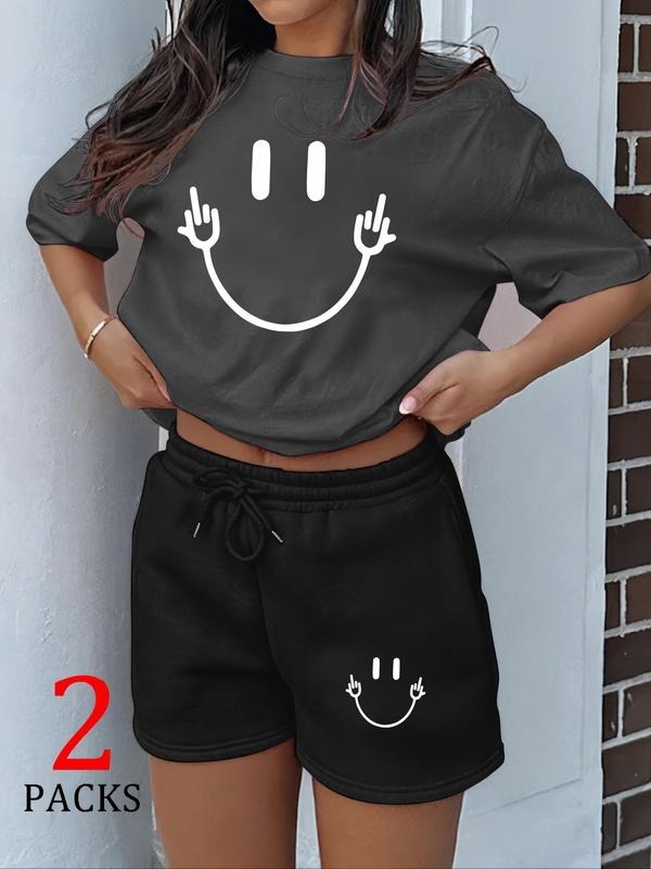 Women's Smile Face Print Round Neck Tee & Shorts Set, Casual Short Sleeve T-shirt & Shorts, Women's Summer Clothes for...