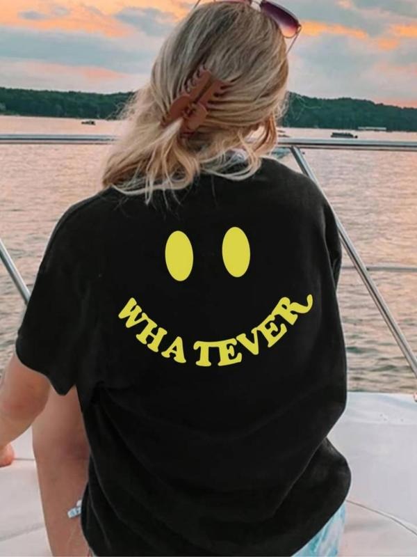 Women's Smiling Face & Letter Print Round Neck Tee, Fashion Casual Short Sleeve T-shirt for Daily Wear, Ladies Summer...