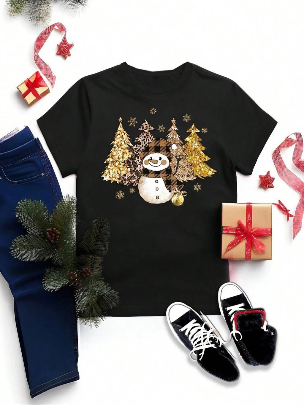 Women's Snowman & Tree Print Round Neck Tee, Casual Short Sleeve Crew Neck T-shirt for Summer, Fashion Women's Top for...
