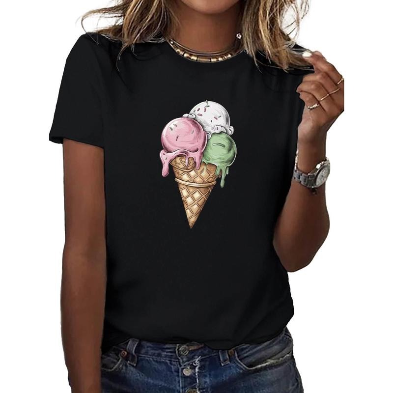 Women's Soft T-Shirt with Playful Ice Cream & Animal Print, Comfort Fit, Short Sleeve, Round Neck