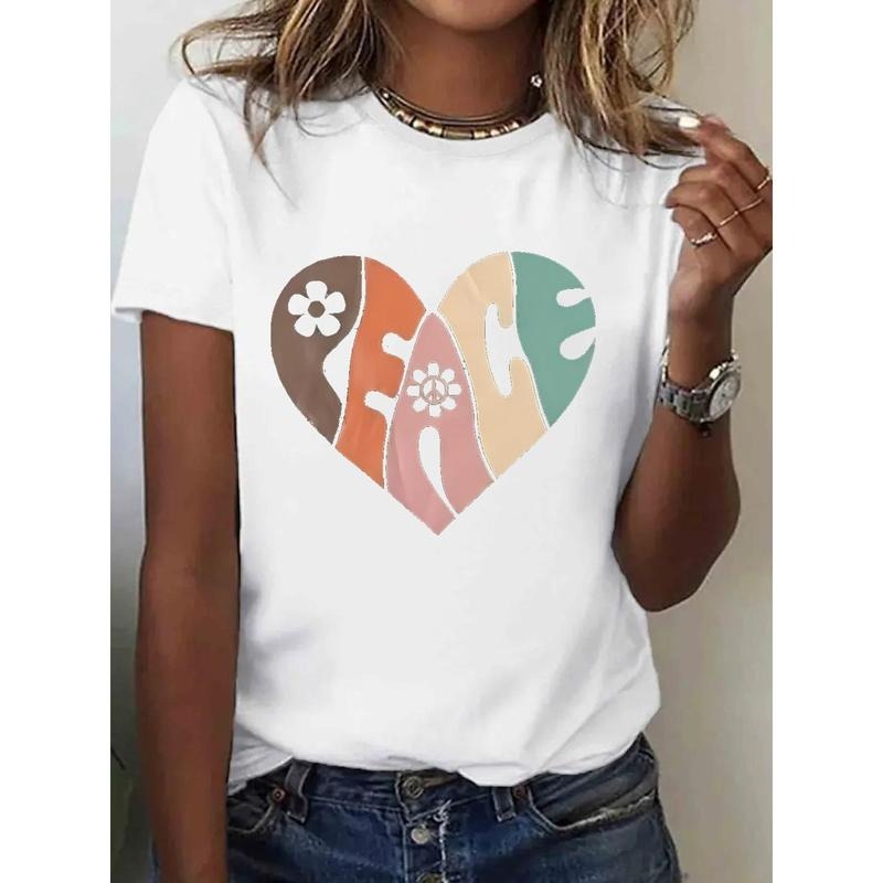 Women's Soft Tee - Peace & Love Graphic Heart Design, Casual Round Neck Short Sleeve T-Shirt, Vibrant Colors, Relaxed...