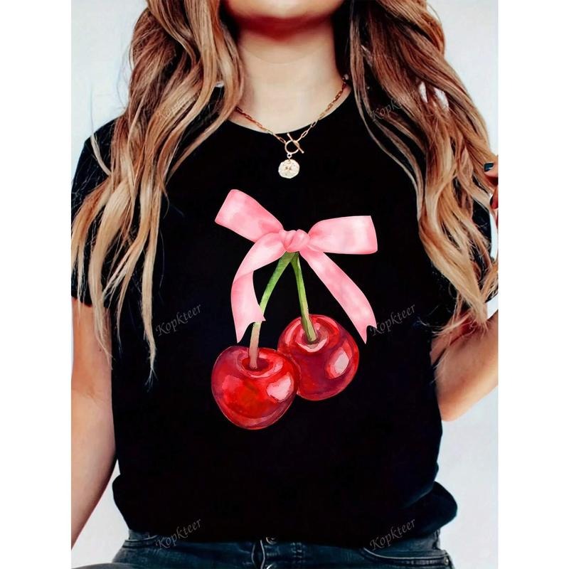 Women's Solid Color Round Neck Short Sleeve Casual Cherry Print Loose T-Shirt Hoodie, Sweatshirt | UrbanDripWear.com