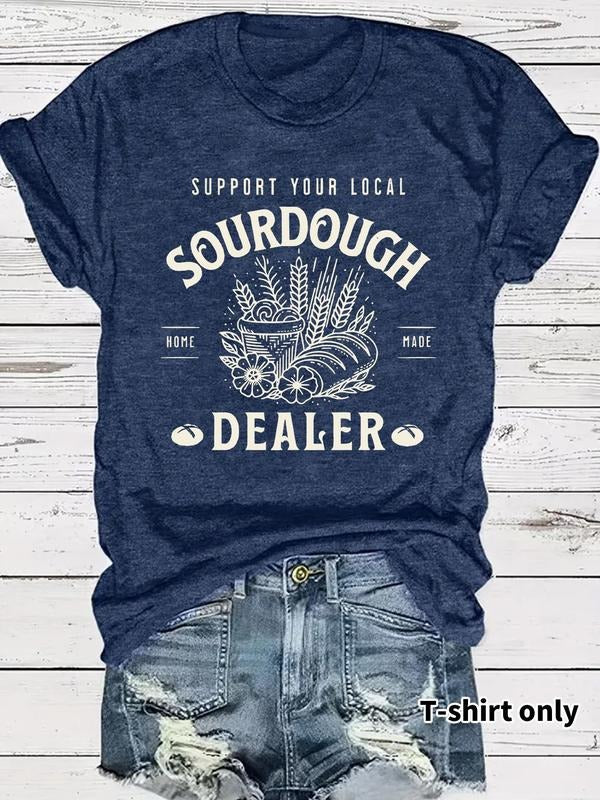 Women's Sourdough Dealer Print Round Neck Tee, Casual Short Sleeve Crew Neck T-shirt for Spring, Fashion Women's Top for...