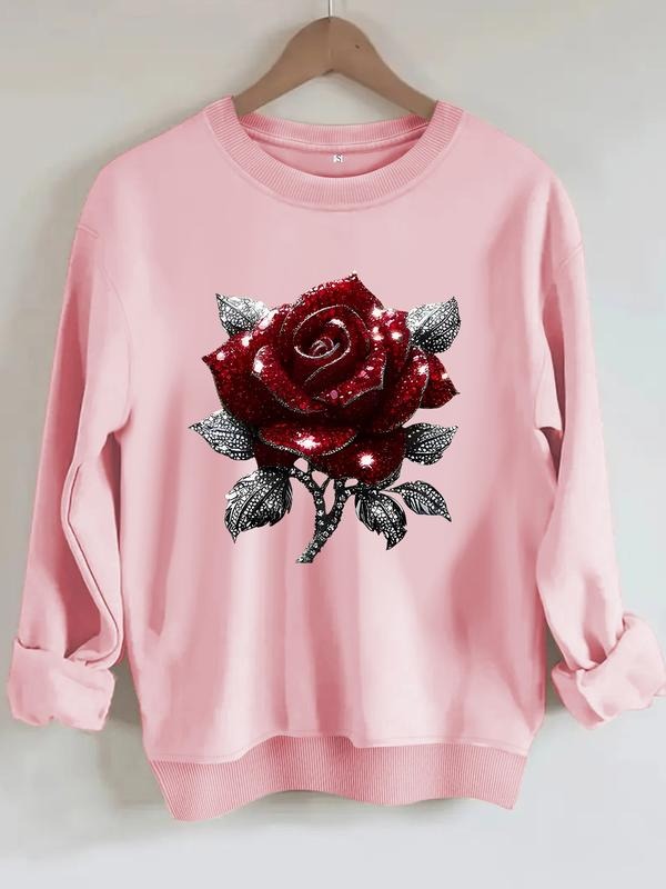 Women's Sparkling Rose Print Round Neck Sweatshirt, Casual Pullover, All-Season Comfort, Durable Fabric T-Shirts, Hoodie