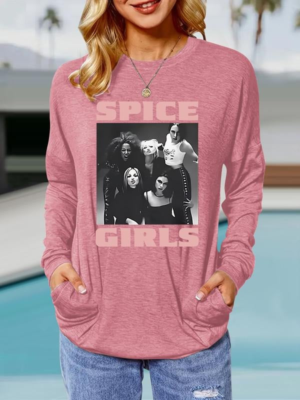 Women's Spice Girls Print Round Neck Long Sleeve Pullover, Casual Loose Fit T-Shirt, Comfortable Breathable Spring & Fall...