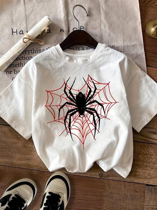 Women's Spider & Heart Print Round Neck Tee, Casual Short Sleeve Crew Neck T-Shirt for Summer, Fashion Women's Top for...