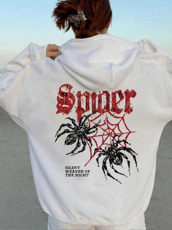 Women's Spider & Letter Print Drop Shoulder Hoodie, Fashion Casual Drawstring Pocket Hooded Sweatshirt for Daily Holiday...