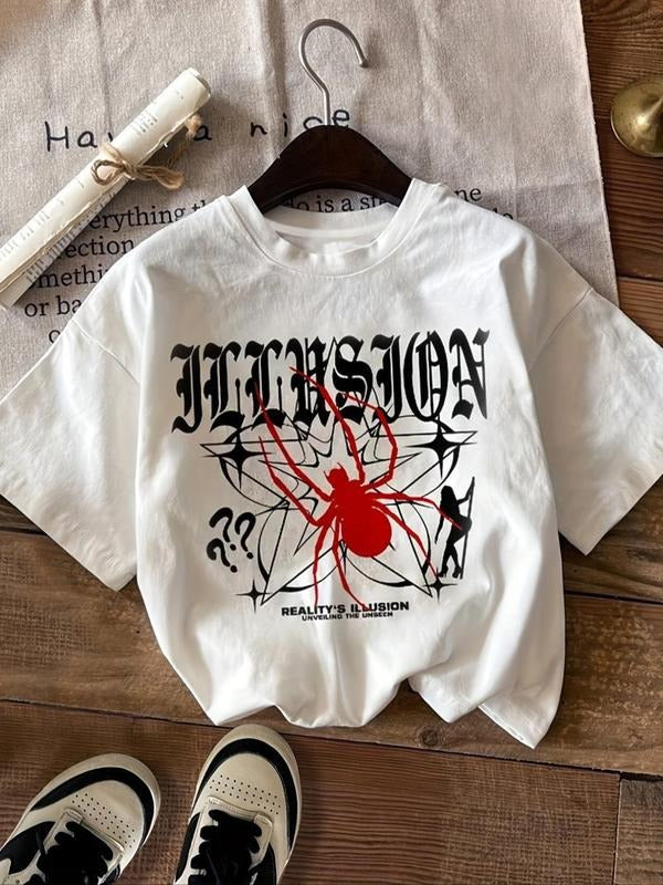 Women's Spider & Letter Print Round Neck Tee, Fashion Casual Crew Neck T-shirt for Daily Holiday Vacation Outdoor Wear,...