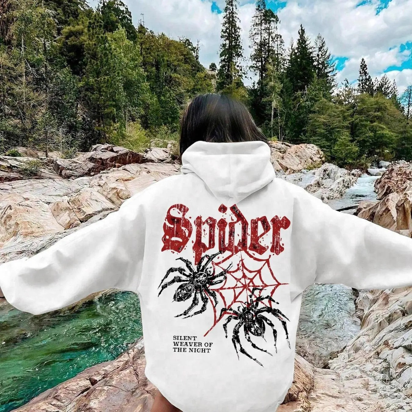 Women's Spider & Slogan Print Hoodie, Fashion Casual Letter Print Hooded Sweatshirt for Daily Holiday Outdoor Wear, Women...