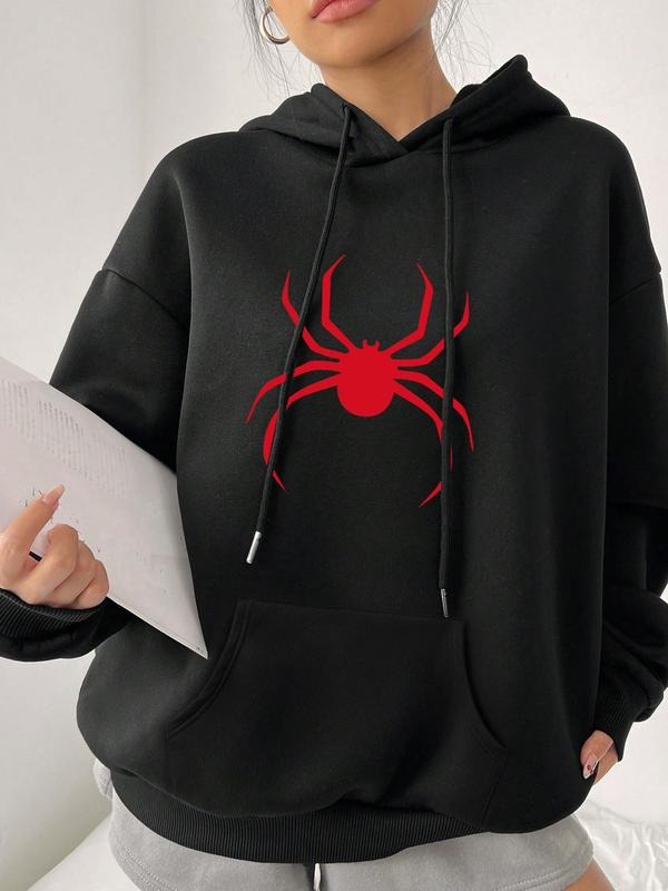 Women's Spider Print Drawstring Kangaroo Pocket Hoodie, Casual Long Sleeve Hooded Sweatshirt for Fall & Winter, Women's...