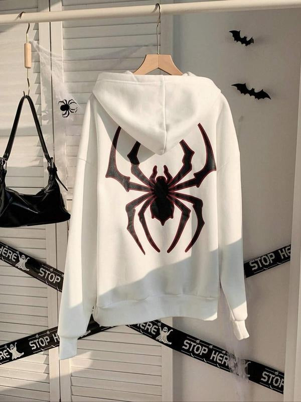 Women's Spider Print Drop Shoulder Drawstring Hoodie, Fashion Casual Pocket Hooded Sweatshirt for Daily Holiday Outdoor...