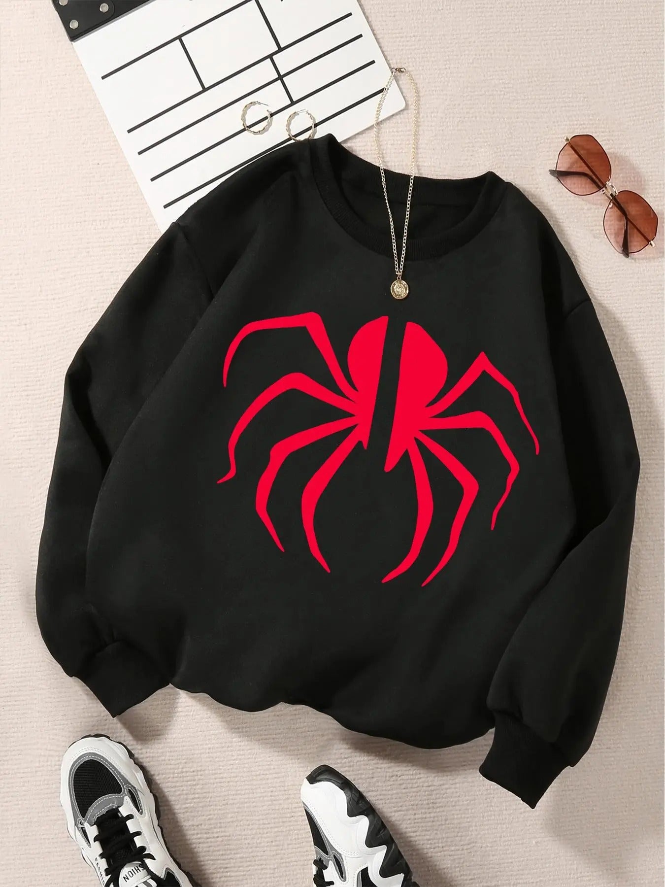 Women's Spider Print Drop Shoulder Sweatshirt, Casual Long Sleeve Round Neck Pullover for Fall & Winter, Ladies Clothes...