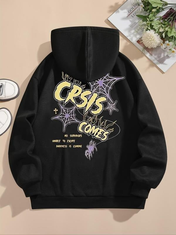 Women's Spider Web & Letter Print Drawstring Hoodie, Fashion Casual Hooded Sweatshirt for Daily Holiday Outdoor Wear,...