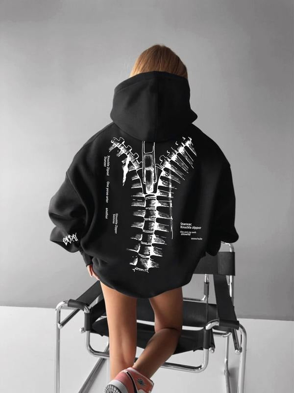 Women's Spine & Letter Print Drop Shoulder Hoodie, Fashion Casual Drawstring Pocket Hooded Sweatshirt for Daily Holiday...