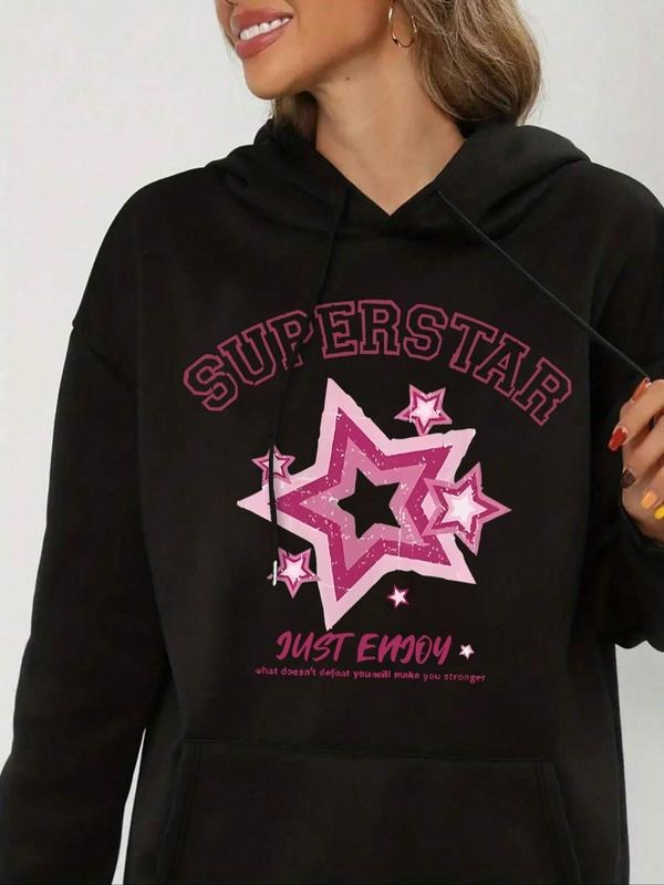 Women's Star & Letter Print Drop Shoulder Drawstring Hoodie, Fashion Casual Kangaroo Pocket Hooded Sweatshirt for Daily...
