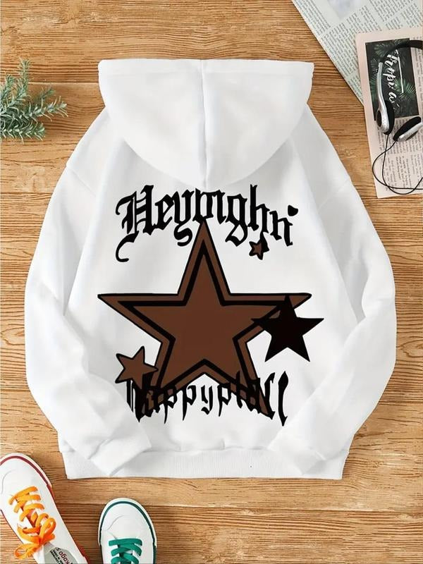 Women's Star & Letter Print Drop Shoulder Hoodie, Fashion Casual Drawstring Pocket Hooded Sweatshirt for Daily Holiday...