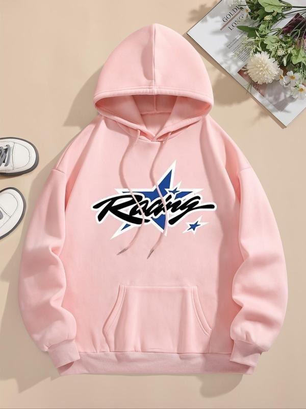 Women's Star & Letter Print Drop Shoulder Hoodie, Fashion Casual Drawstring Pocket Hooded Sweatshirt for Daily Holiday...