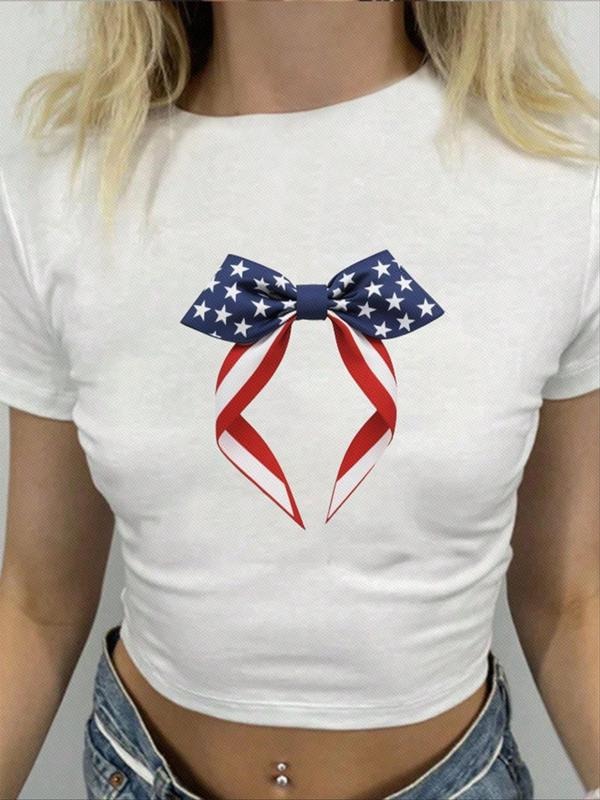 Women's Star & Striped Print Hair Band Crop Tee, Fashion Casual Round Neck Short Sleeve T-shirt for Daily Wear, Ladies...