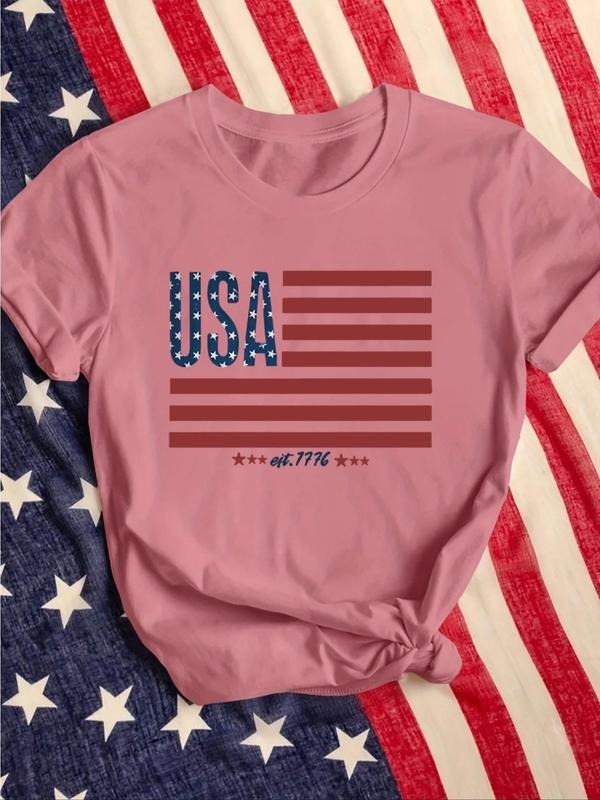 Women's Star & Striped Print Round Neck Short Sleeve Tee, Fashion Casual Letter & Figure Print Crew Neck T-shirt for...