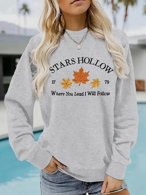 Women's Star Hollow & Maple Leaf Print Crew Neck Sweatshirt, Casual Long Sleeve Pullover for Fall & Winter, Women's...