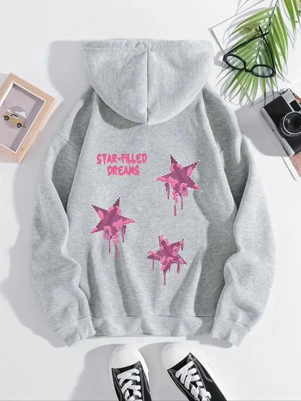 Women's Star Print Drop Shoulder Drawstring Hoodie, Fashion Casual Kangaroo Pocket Hooded Sweatshirt for Daily Holiday...