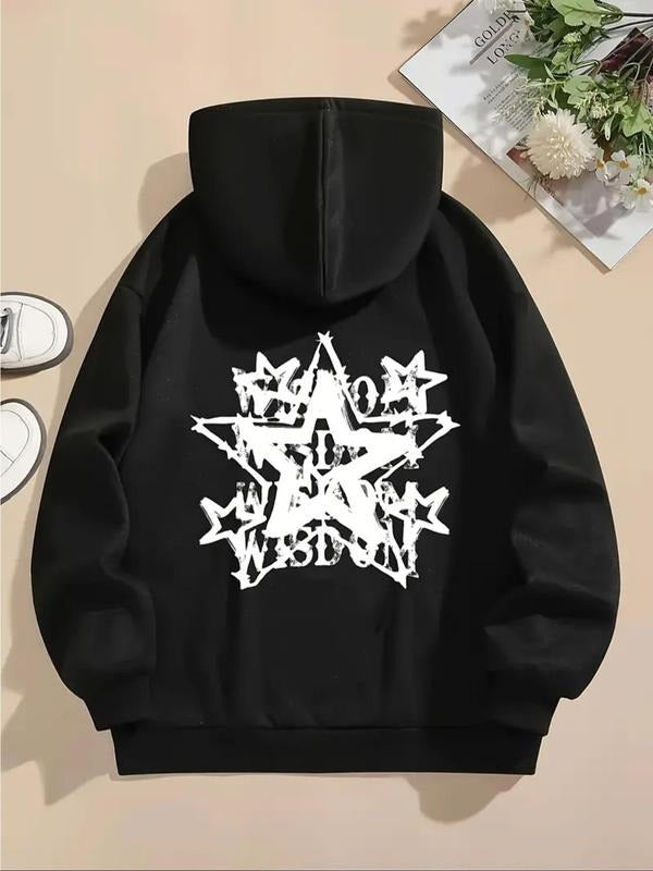 Women's Star Print Drop Shoulder Drawstring Hoodie, Fashion Casual Pocket Hooded Sweatshirt for Daily Holiday Outdoor...
