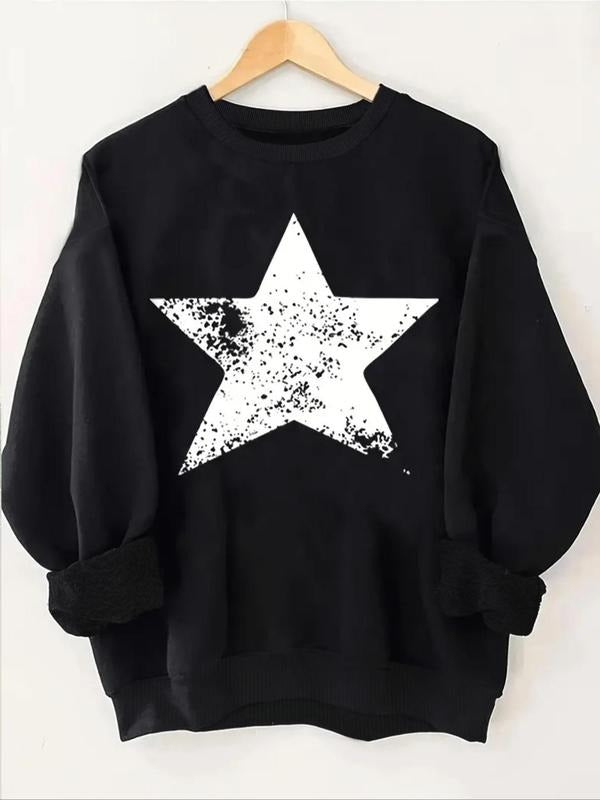 Women's Star Print Drop Shoulder Sweatshirt, Casual Long Sleeve Round Neck Pullover for Fall & Winter, Women's Clothes...
