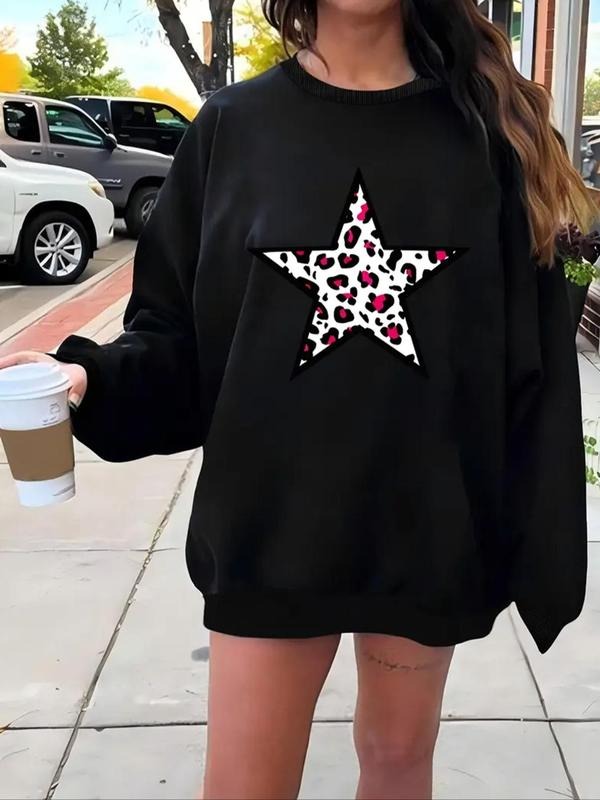Women's Star Print Round Neck Pullover Sweatshirt, Casual Long Sleeve Crew Neck Sweatshirt for Fall & Winter, Women's...