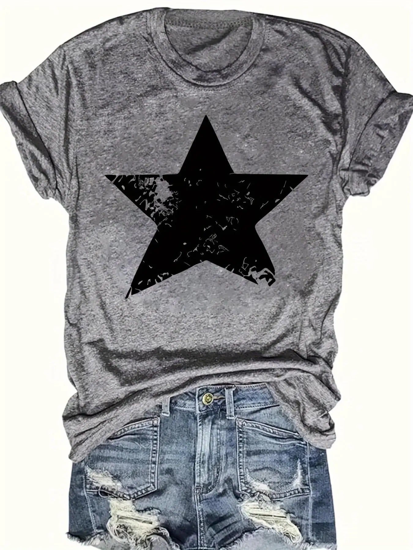 Women's Star Print Round Neck Tee, Casual Short Sleeve Crew Neck T-Shirt for Summer, Fashion Women's Top for Daily Wear...
