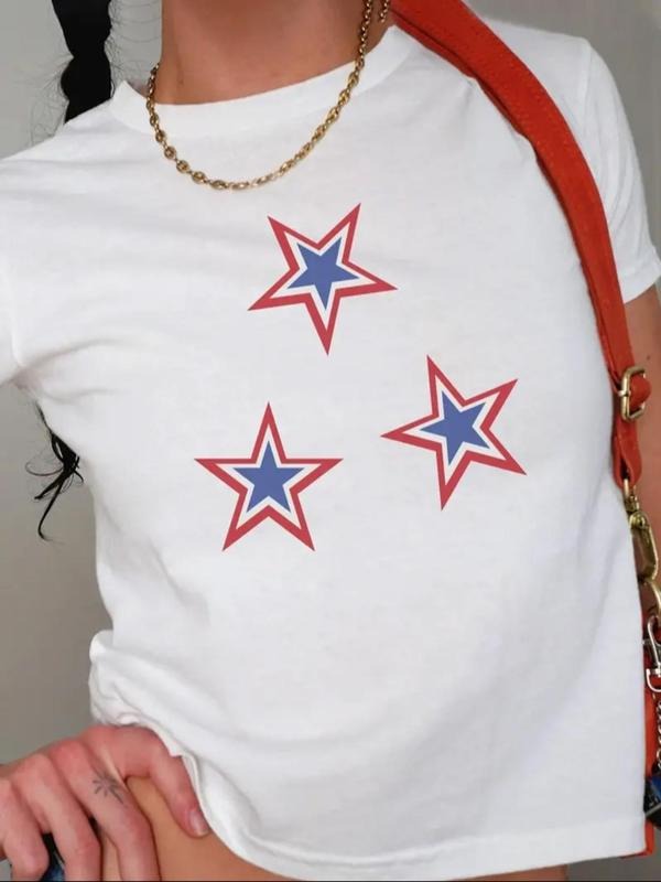 Women's Star Print Round Neck Tee, Casual Short Sleeve Crew Neck T-Shirt for Summer, Fashion Women's Top for Daily Wear...