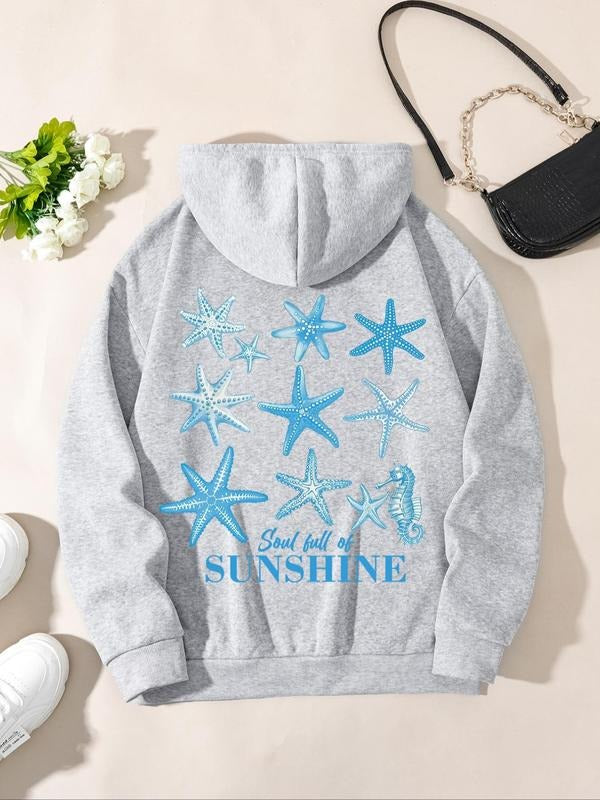 Women's Starfish & Letter Print Drawstring Hoodie, Casual Long Sleeve Kangaroo Pocket Hooded Sweatshirt for Fall &...