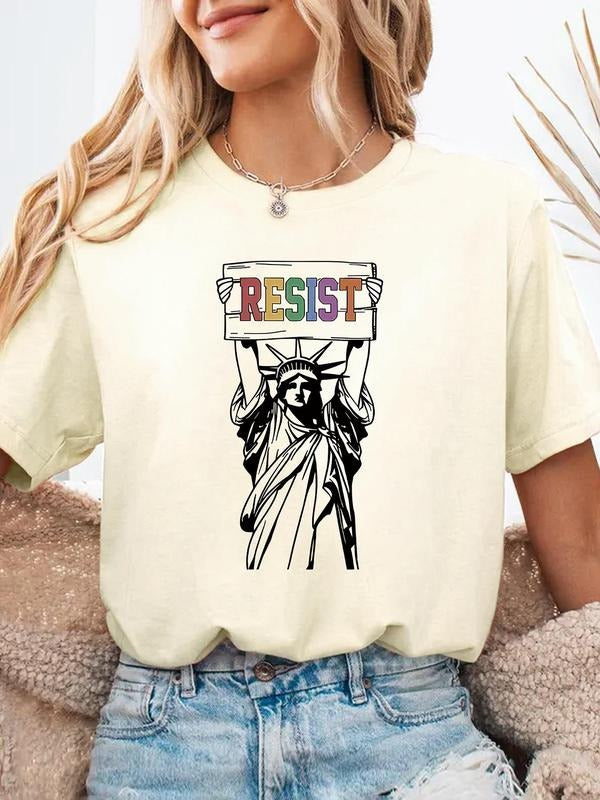 Women's Statue Of Liberty Print Round Neck Tee, Casual Graphic Short Sleeve T-Shirt for Summer, Women's Top for Daily...