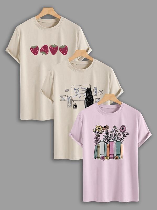 Women's Strawberry & Cat & Floral Book Print Round Neck Tee, Casual Short Sleeve Graphic T-shirt, Ladies All Seasons...