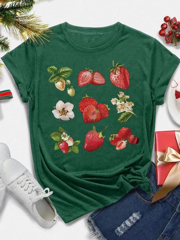 Women's Strawberry & Flower Print Round Neck Tee, Casual Short Sleeve Crew Neck T-Shirt for Summer, Fashion Women's Top...