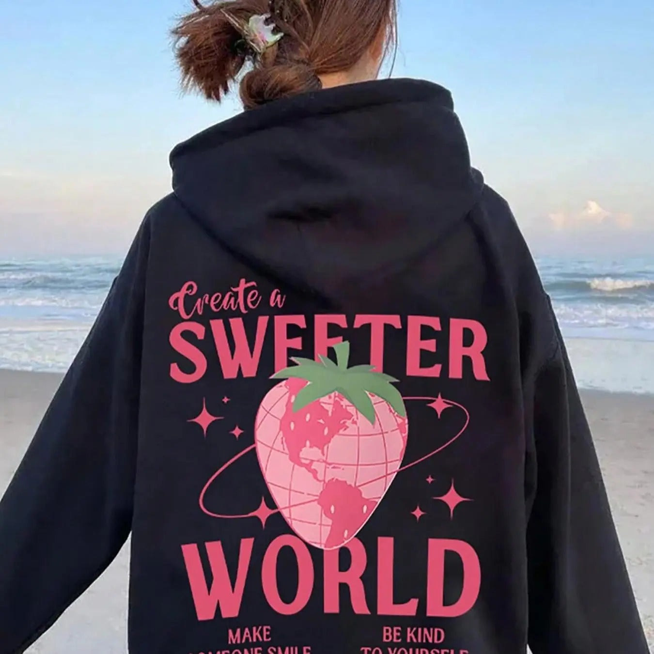 Women's Strawberry & Letter Print Drop Shoulder Hoodie, Fashion Casual Drawstring Pocket Hooded Sweatshirt for Daily...