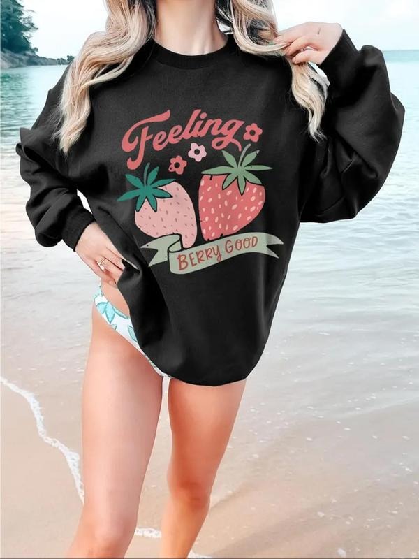 Women's Strawberry & Letter Print Drop Shoulder Pullover, Casual Long Sleeve Crew Neck Sweatshirt for Fall & Winter,...