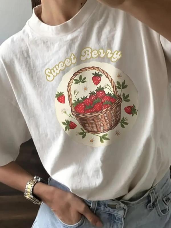 Women's Strawberry & Letter Print Drop Shoulder Tee, Casual Short Sleeve Round Neck T-shirt for Summer, Ladies Clothes...
