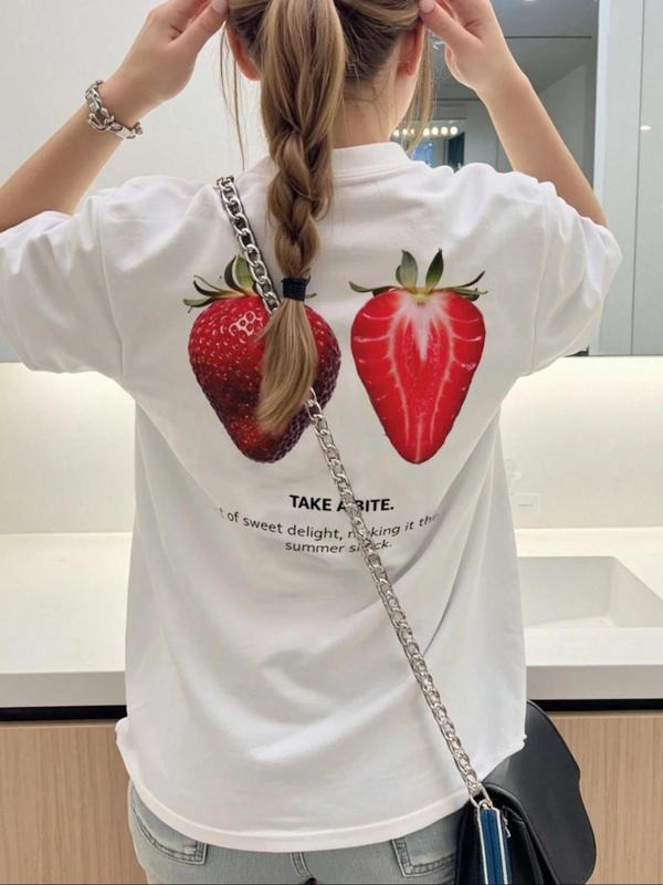 Women's Strawberry & Letter Print Round Neck Tee, Casual Fruit Print Short Sleeve T-shirt for Summer, Women's Top for...