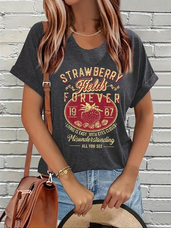 Women's Strawberry & Letter Print Round Neck Tee, Vintage Trendy Casual Short Sleeve T-shirt for Daily Wear, Ladies...