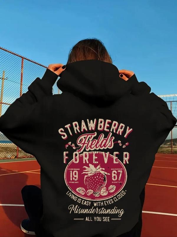 Women's Strawberry & Letter Print Thermal Lined  Hoodie, Trendy Drawstring Kangaroo Pocket Hooded Sweatshirt for Daily...