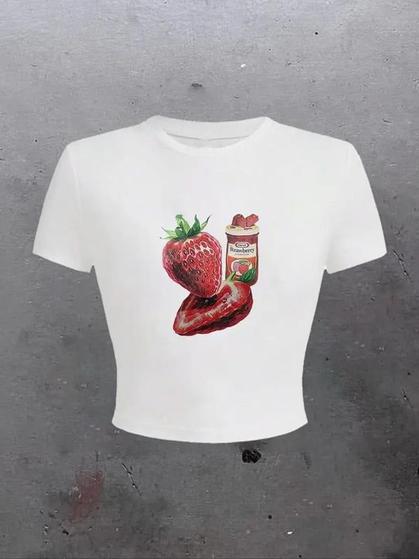 Women's Strawberry & Strawberry Jam Print Round Neck Tee, Casual Short Sleeve Crew Neck T-Shirt for Summer, Fashion...