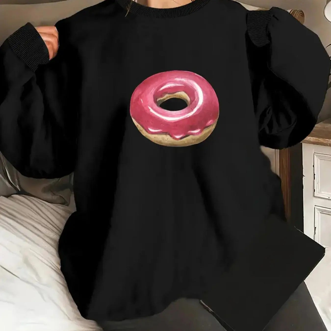 Women's Strawberry Cream Doughnut Print Crew Neck Sweatshirt, Casual Long Sleeve Pullover for Fall & Winter, Women's...