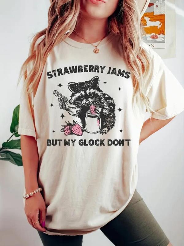 Women's Strawberry Jam & Letter Print Round Neck Tee, Fashion Casual Crew Neck T-Shirt for Daily Holiday Vacation Outdoor...