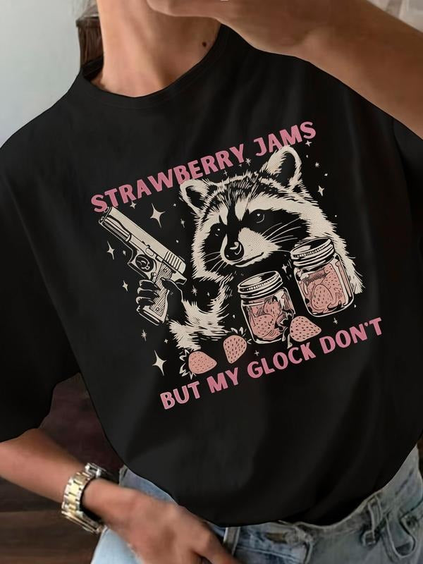 Women's Strawberry Jars & Raccoon Print Round Neck Tee, Fashion Casual Letter Graphic T-shirt for Daily Holiday Vacation...