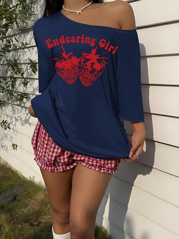 Women's Strawberry Print Asymmetrical Neck Tee, Casual Loose Fruit Print Long Sleeve T-shirt for Daily Wear, Ladies...