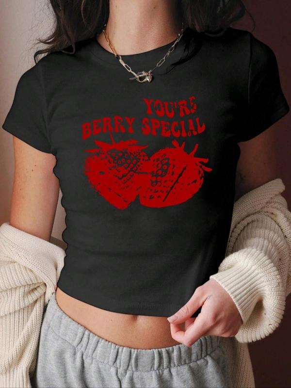 Women's Strawberry Print Round Neck Crop Tee, Fashion Casual Letter Print Crew Neck T-Shirt for Daily Holiday Vacation...