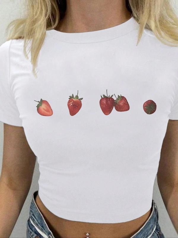 Women's Strawberry Print Round Neck Crop Tee, Y2K Short Sleeve T-Shirt, Ladies Clothes for Daily Wear Hoodie, Sweatshirt