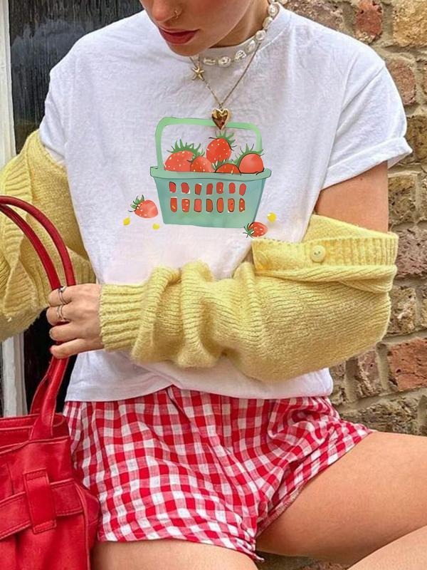 Women's Strawberry Print Round Neck Tee, Casual Crew Neck Short Sleeve T-Shirt for Summer, Fashion Women's Top for Daily...