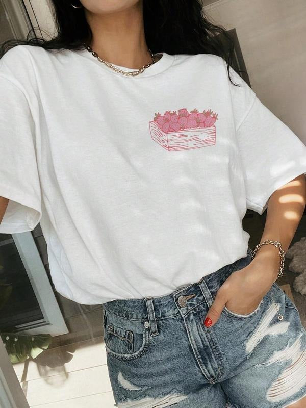 Women's Strawberry Print Round Neck Tee, Casual Fruit Print Short Sleeve Crew Neck T-Shirt for Summer, Fashion Women's...