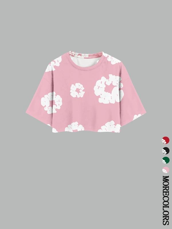 Women's Street Style Floral Print Graphic T-Shirt, Casual Loose-Fit Breathable Fabric, Perfect for Outdoor Camping School...